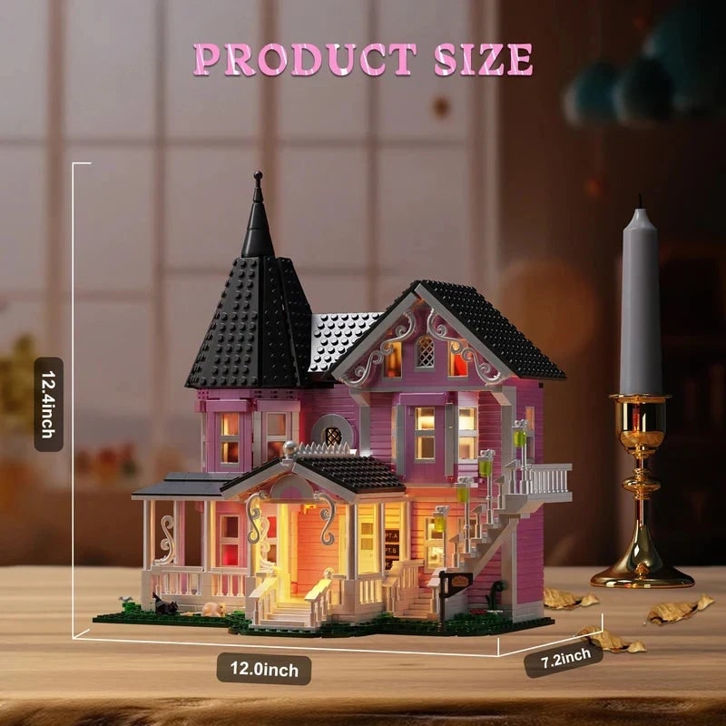 Halloween Building Block Sets with LED Lights Victorian Pink Dollhouse for Children Creative Play