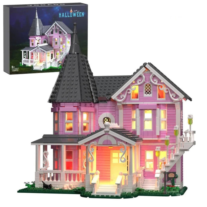 Halloween Building Block Sets with LED Lights Victorian Pink Dollhouse for Children Creative Play