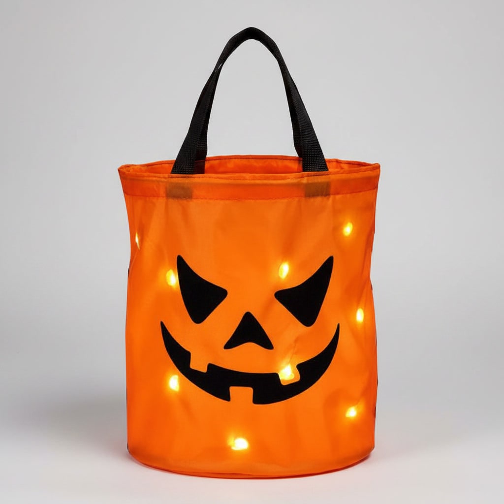Halloween Candy Bag Reusable Bucket for Trick or Treat with LED Light Up Pumpkin Design