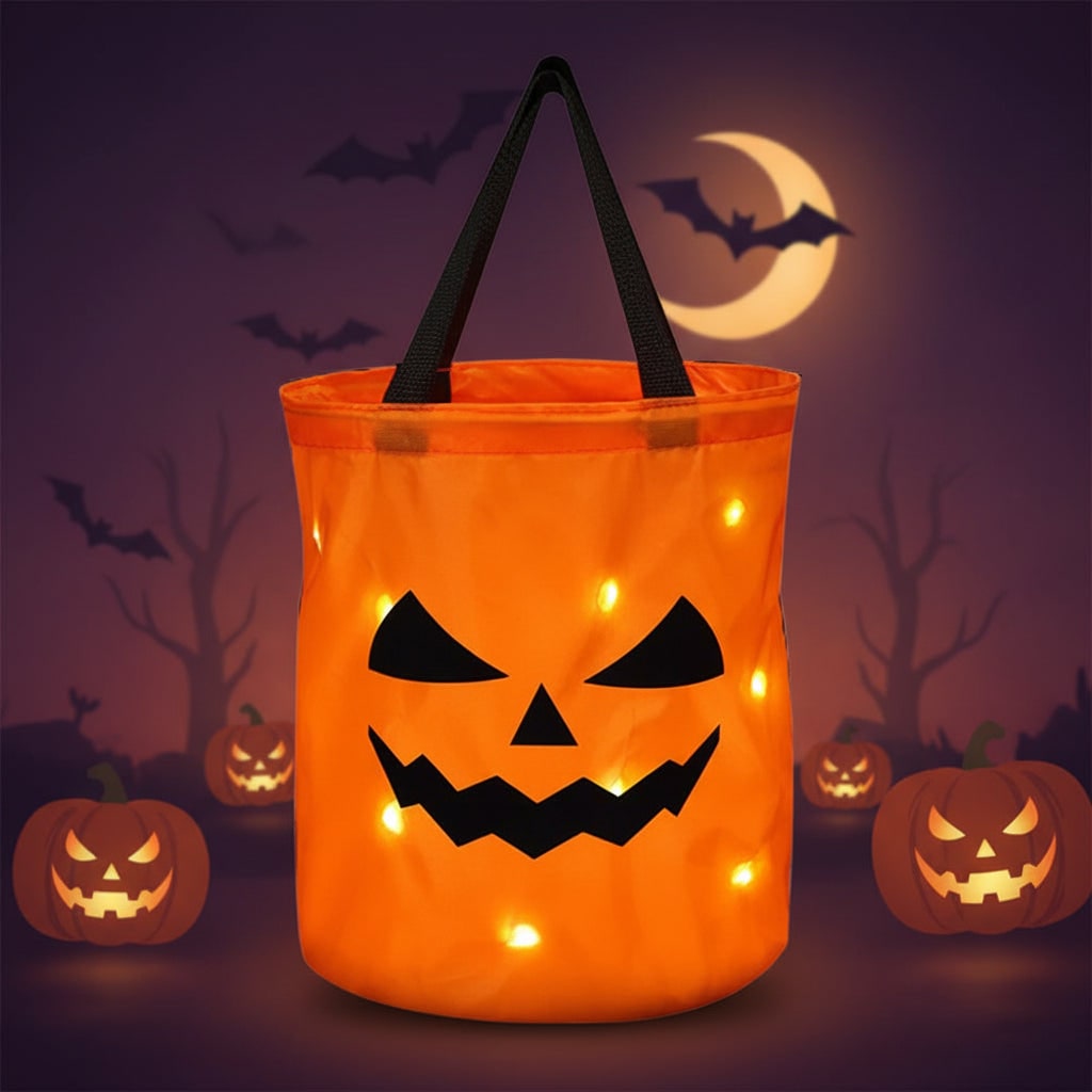 Halloween Candy Bag Reusable Bucket for Trick or Treat with LED Light Up Pumpkin Design