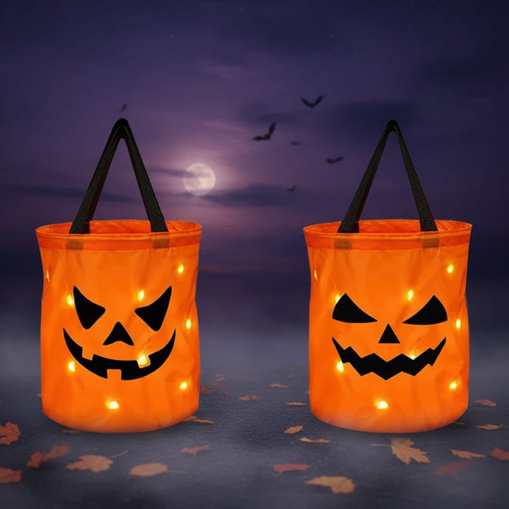 Halloween Candy Bag Reusable Bucket for Trick or Treat with LED Light Up Pumpkin Design