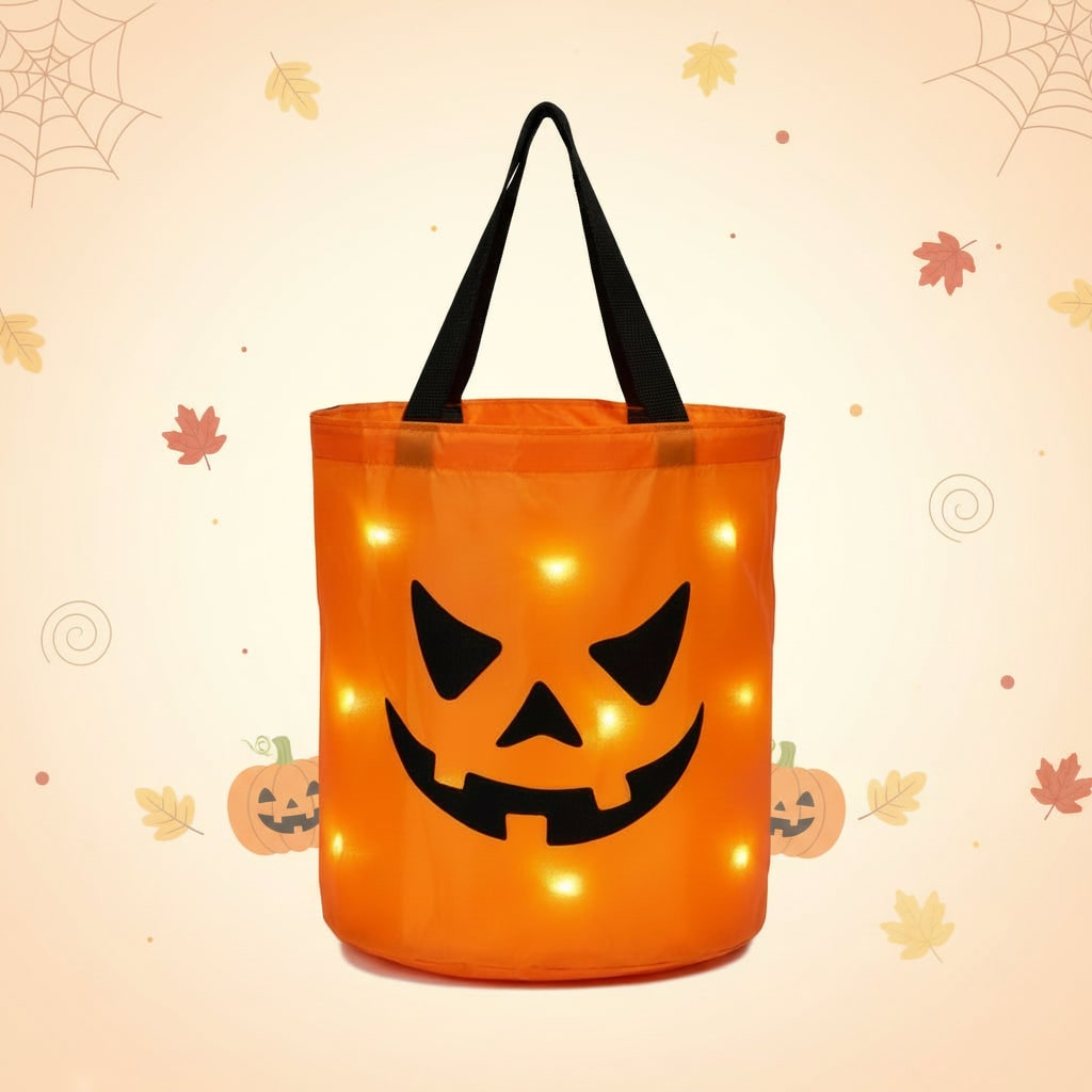 Halloween Candy Bag Reusable Bucket for Trick or Treat with LED Light Up Pumpkin Design