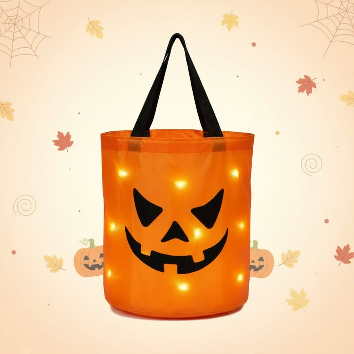 Halloween Candy Bag Reusable Bucket for Trick or Treat with LED Light Up Pumpkin Design