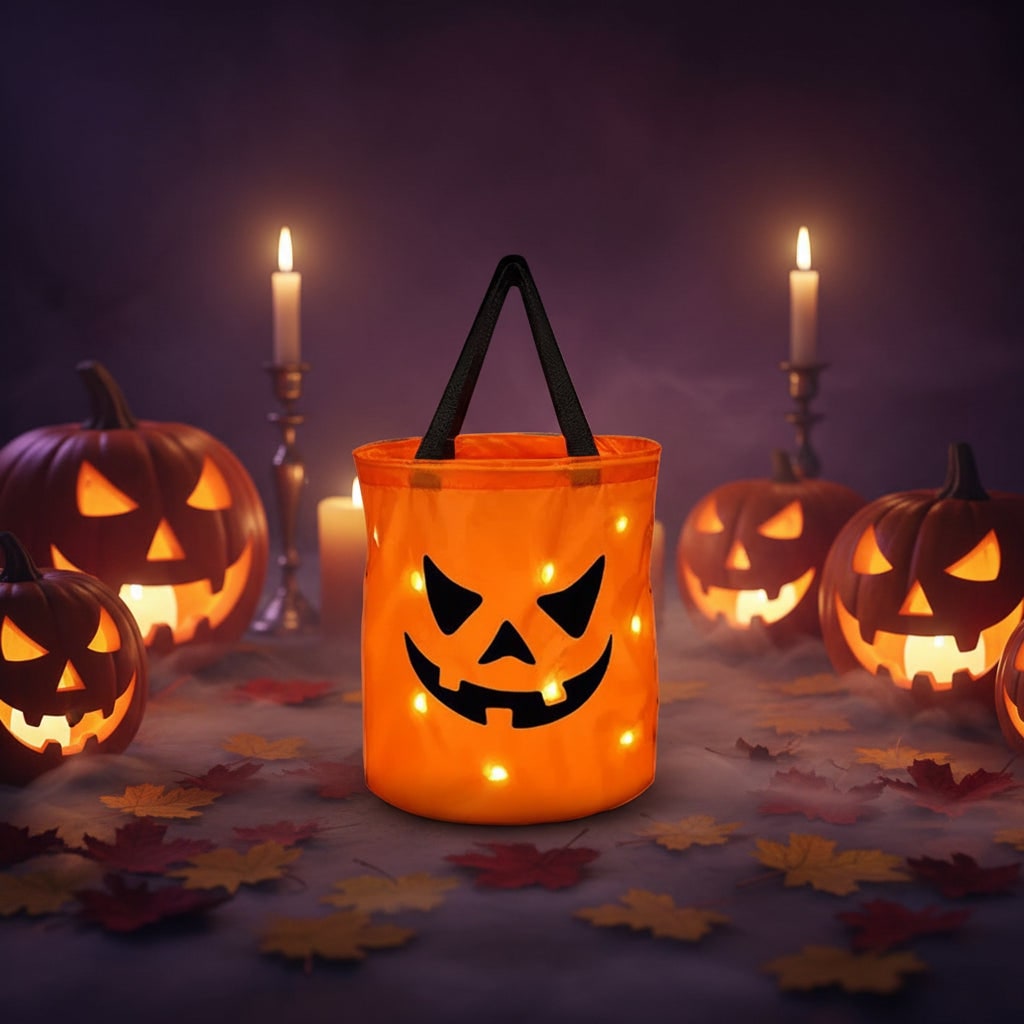 Halloween Candy Bag Reusable Bucket for Trick or Treat with LED Light Up Pumpkin Design