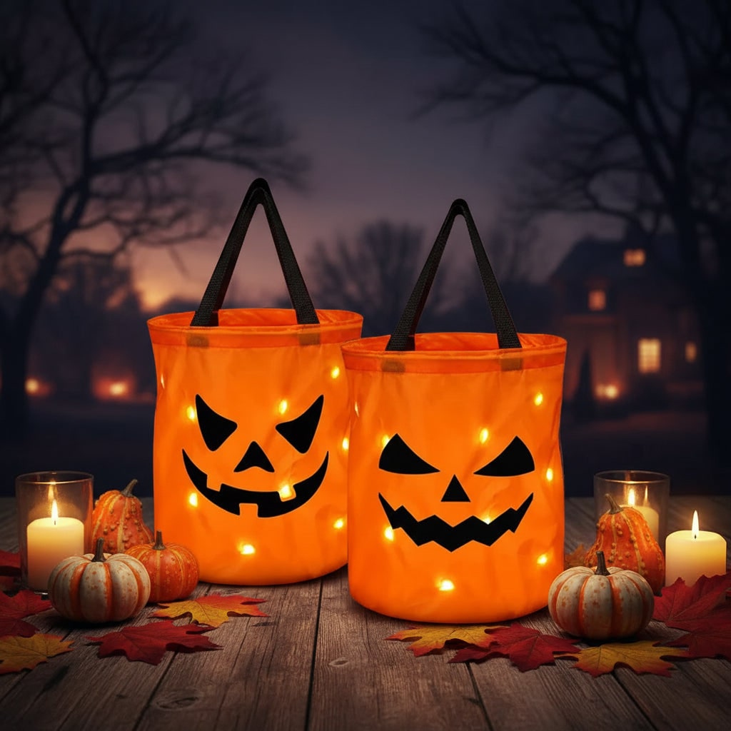 Halloween Candy Bag Trick or Treat Bucket with LED Light Up for Party Favor and Collection
