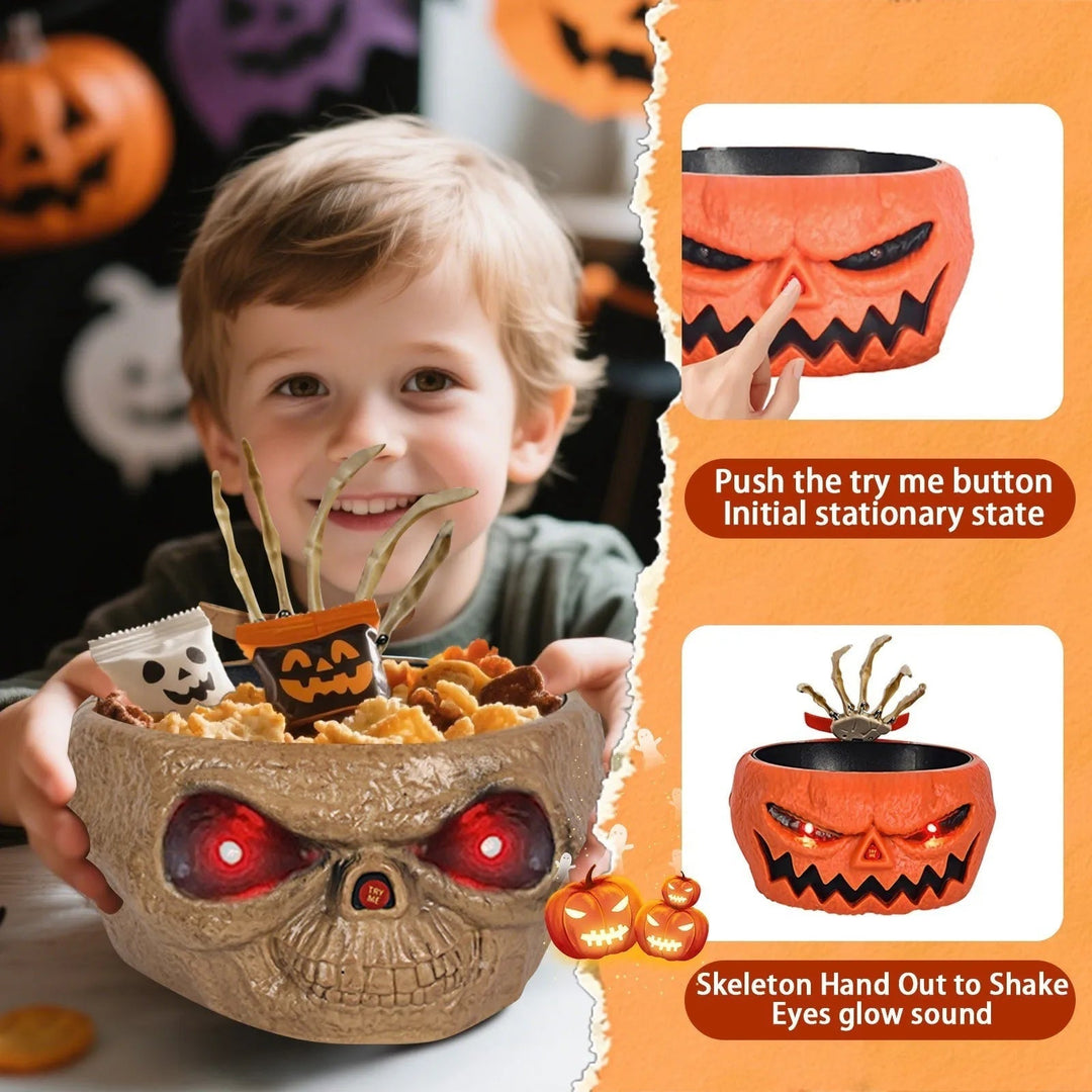 Halloween Candy Bowl Motion Activated with LED Eyes and Skeleton Hand for Indoor Party Decoration