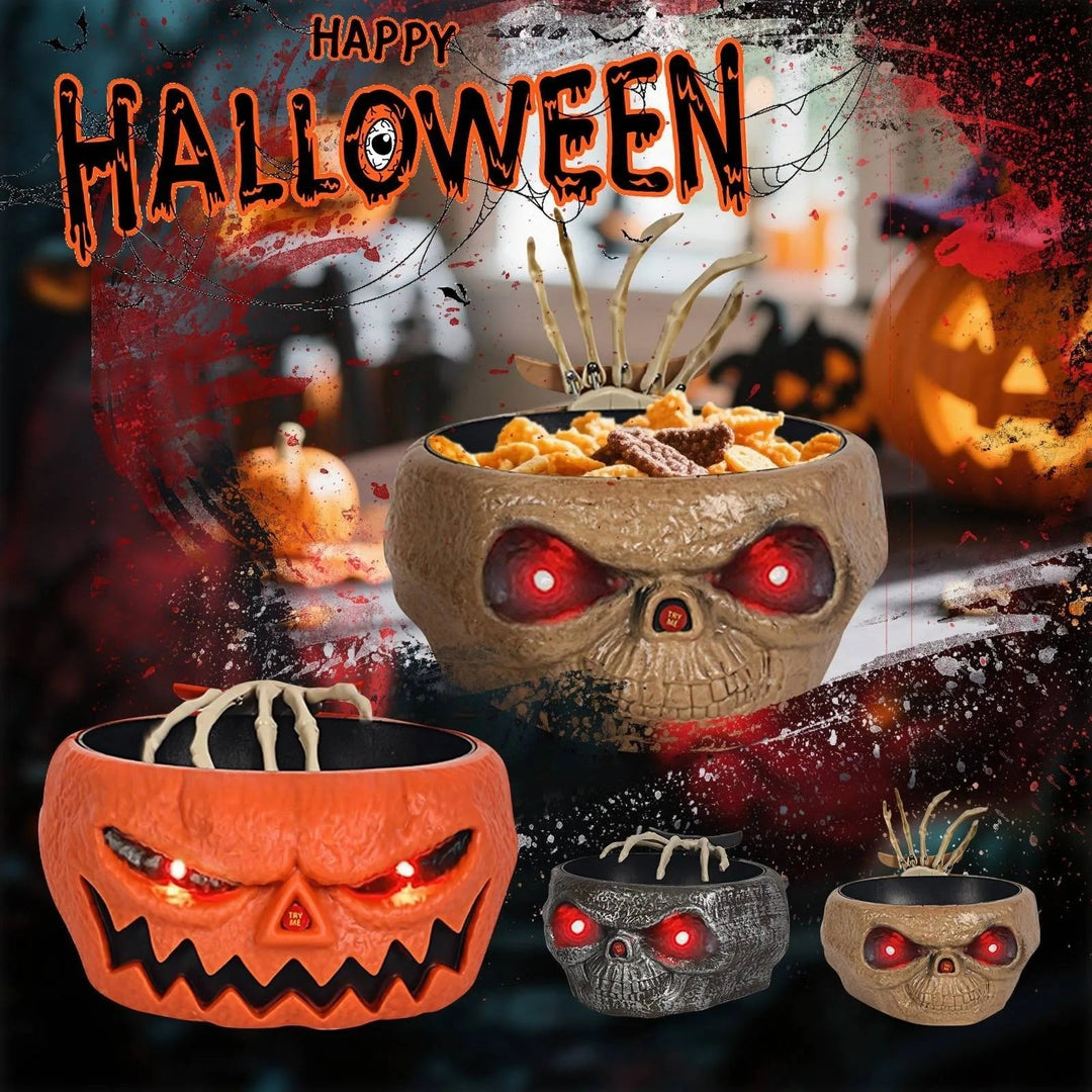 Halloween Candy Bowl Motion Activated with LED Eyes and Skeleton Hand for Indoor Party Decoration