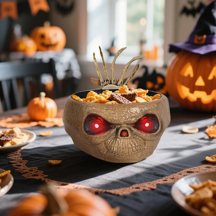 Halloween Candy Bowl Motion Activated with LED Eyes and Skeleton Hand for Indoor Party Decoration