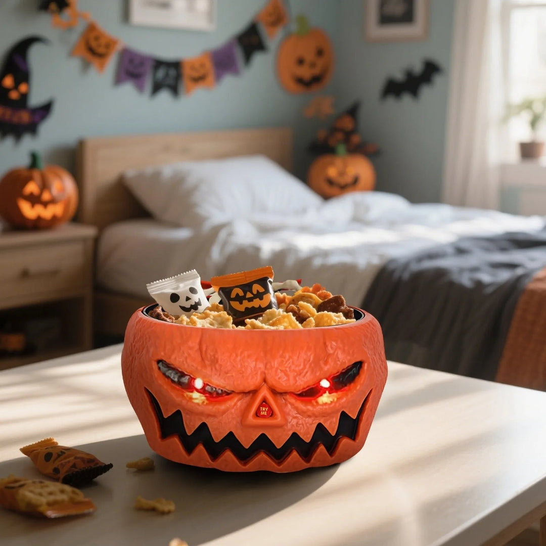 Halloween Candy Bowl Motion Activated with LED Eyes and Skeleton Hand for Indoor Party Decoration