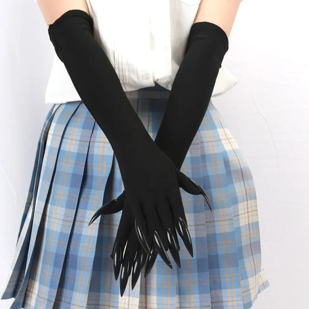 Halloween Claw Gloves Costume with Black Elbow Length Stiletto Nails White