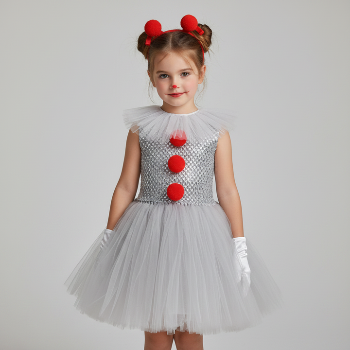 Halloween Clown Costume Outfit Dress with Tutu Collar Gloves and Hair Clips Accessories Set
