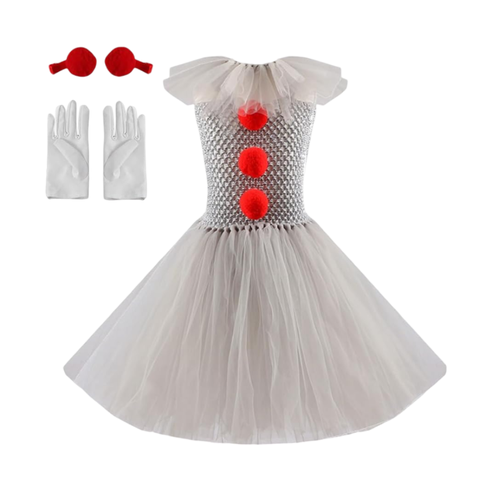 Halloween Clown Costume Outfit Dress with Tutu Collar Gloves and Hair Clips Accessories Set