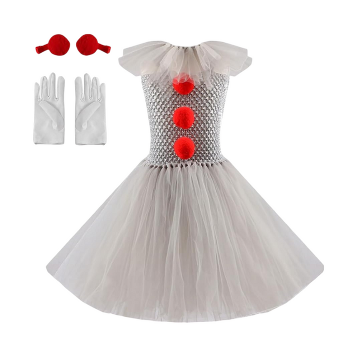 Halloween Clown Costume Outfit Dress with Tutu Collar Gloves and Hair Clips Accessories Set