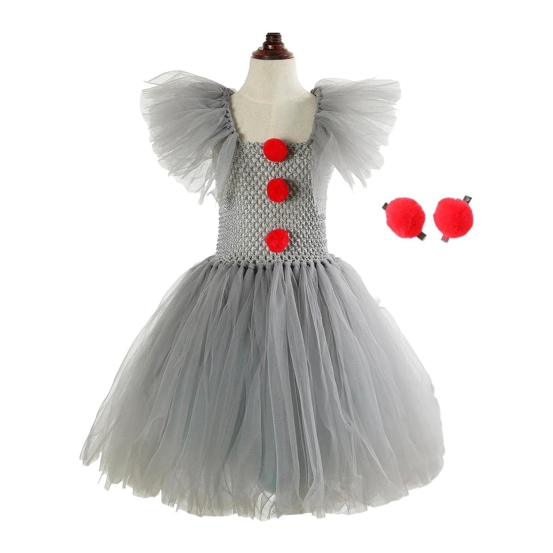 Halloween Clown Costume Outfit Dress with Tutu Collar Gloves and Hair Clips Accessories Set