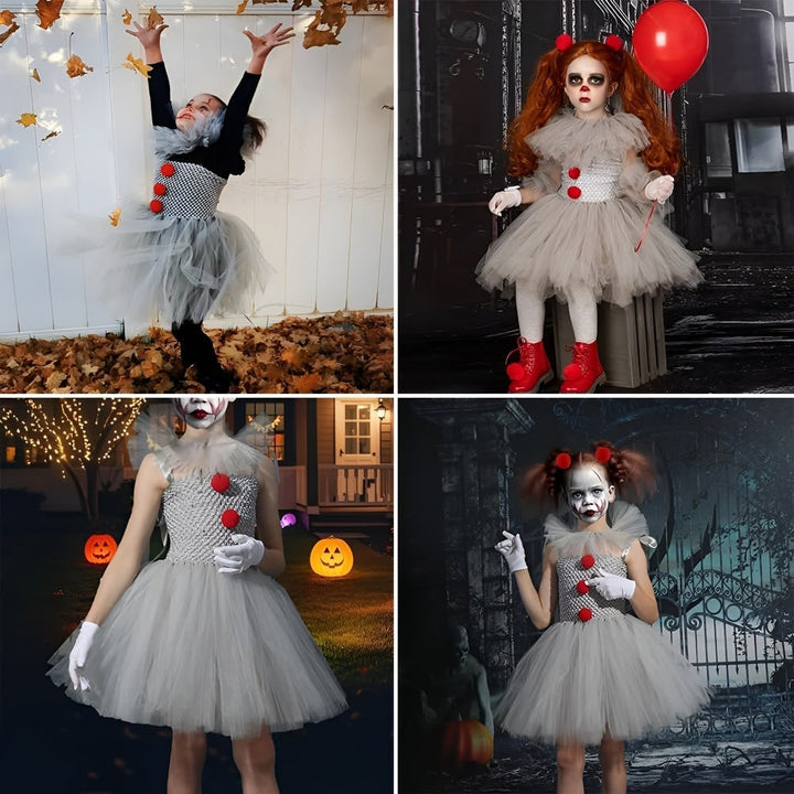 Halloween Clown Costume Outfit Dress with Tutu Collar Gloves and Hair Clips Accessories Set