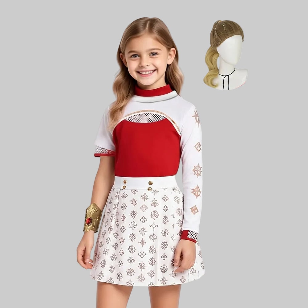 Halloween Cosplay Costume Anime Outfit with Pleated Skirt Mesh Cutout Gold Accents