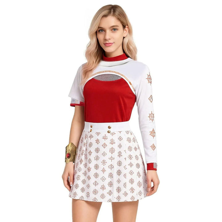 Halloween Cosplay Costume Anime Outfit with Pleated Skirt Mesh Cutout Gold Accents