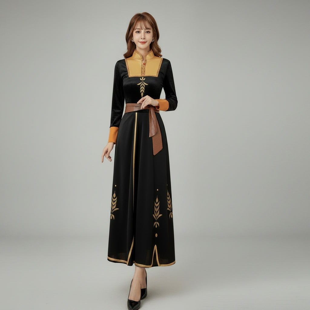 Halloween Cosplay Costume Princess Dress with Cape and Gold Embroidery