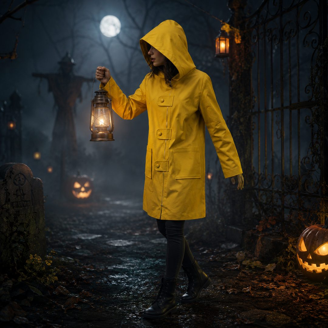 Halloween Cosplay Costume Yellow Hooded Raincoat Jacket with Zipper and Pockets