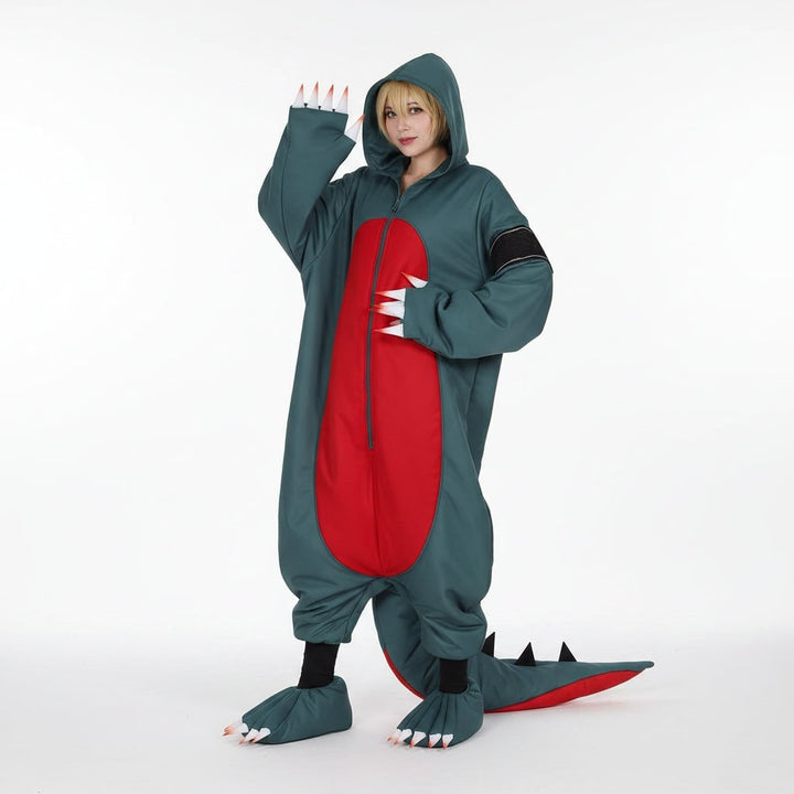 Halloween Cosplay Dinosaur Onesie Costume with Wig and Shoe Covers for Party and Roleplay