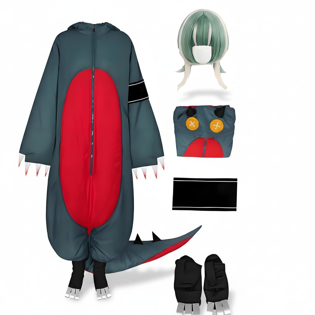 Halloween Cosplay Dinosaur Onesie Costume with Wig and Shoe Covers for Party and Roleplay