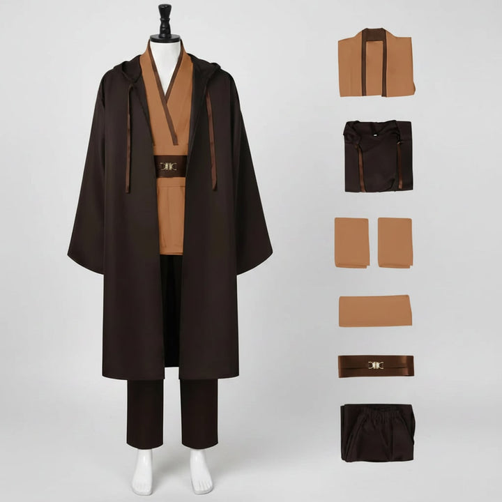 Halloween Cosplay Jedi Robe Costume with Hooded Tunic and Wide Sash Belt for Obi Wan Knight