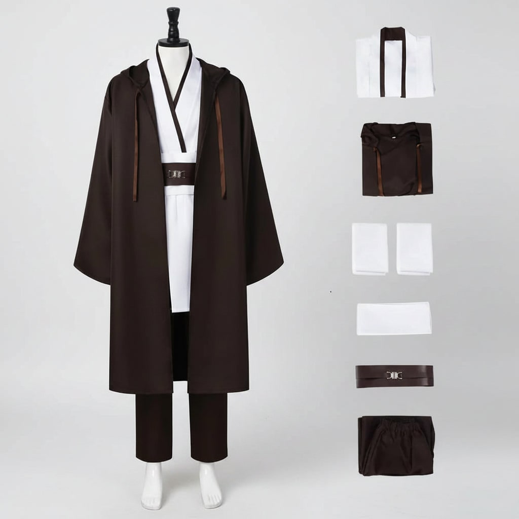 Halloween Cosplay Jedi Robe Costume with Hooded Tunic and Wide Sash Belt for Obi Wan Knight