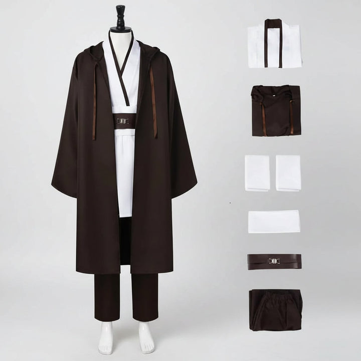 Halloween Cosplay Jedi Robe Costume with Hooded Tunic and Wide Sash Belt for Obi Wan Knight