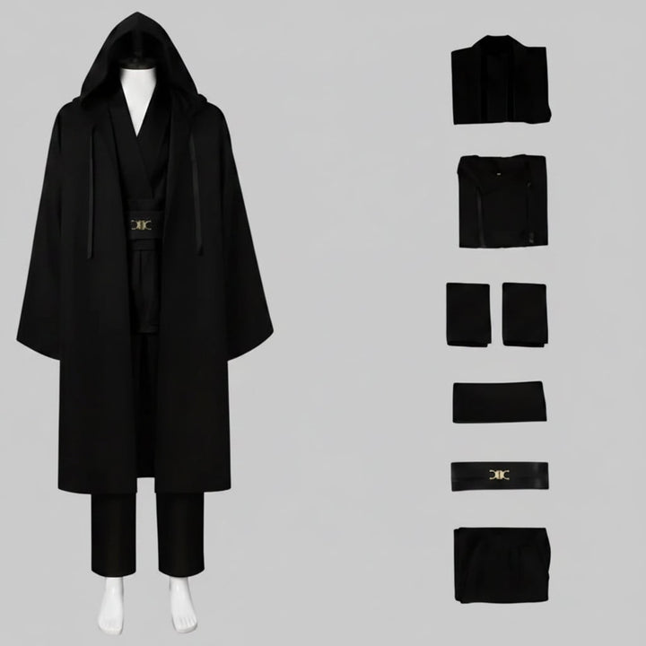 Halloween Cosplay Jedi Robe Costume with Hooded Tunic and Wide Sash Belt for Obi Wan Knight