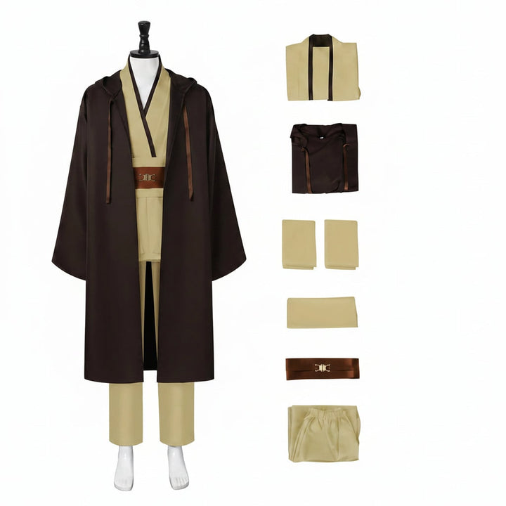 Halloween Cosplay Jedi Robe Costume with Hooded Tunic and Wide Sash Belt for Obi Wan Knight