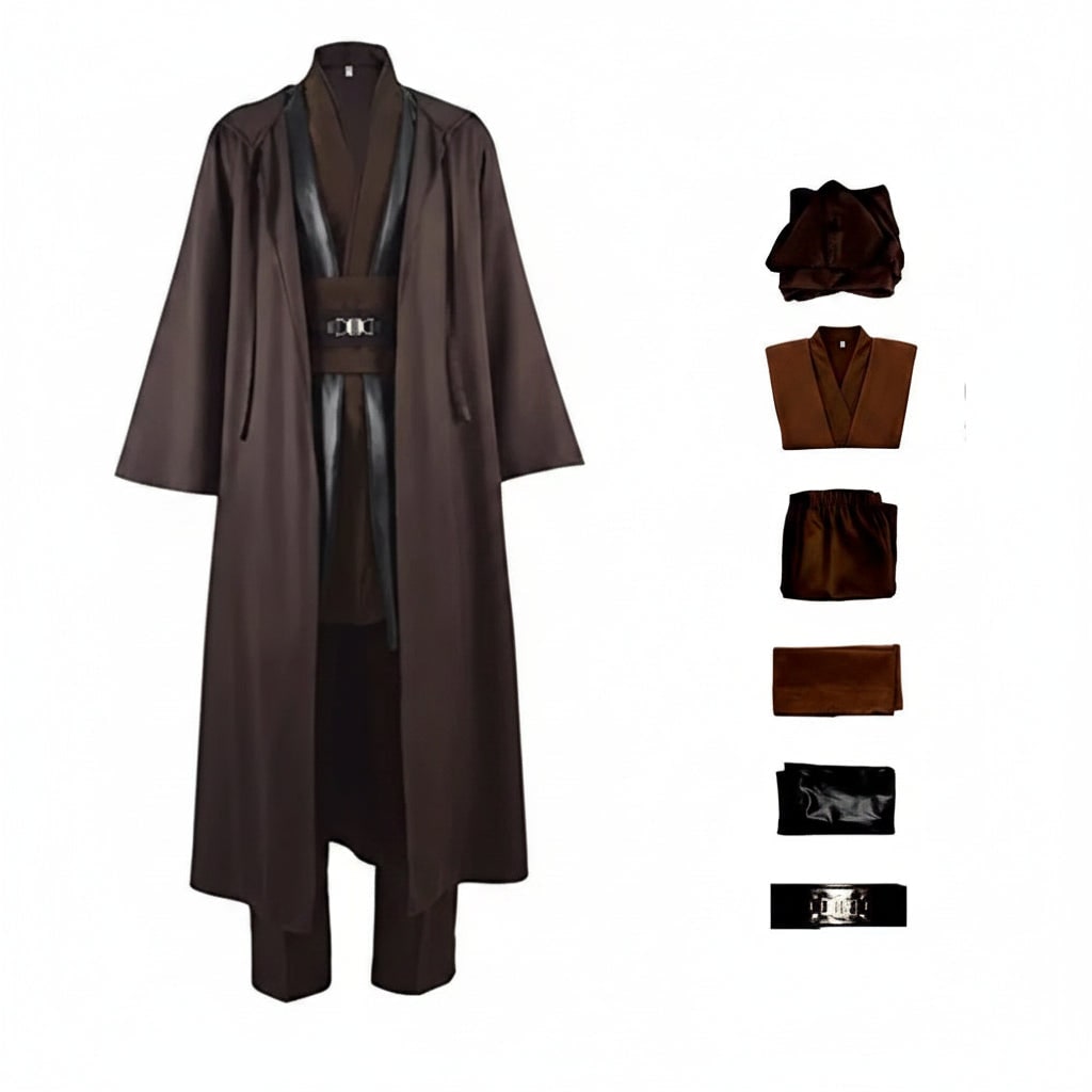 Halloween Cosplay Jedi Robe Costume with Hooded Tunic and Wide Sash Belt for Obi Wan Knight
