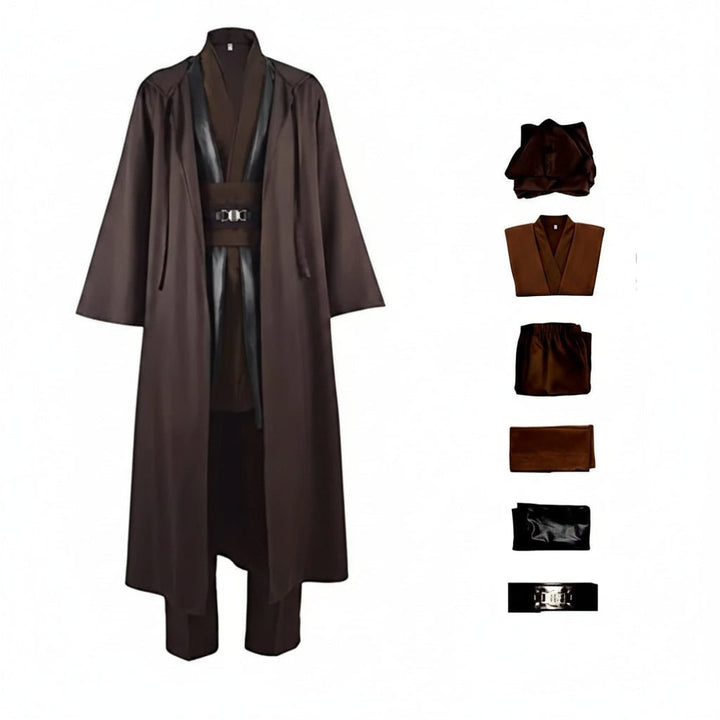 Halloween Cosplay Jedi Robe Costume with Hooded Tunic and Wide Sash Belt for Obi Wan Knight