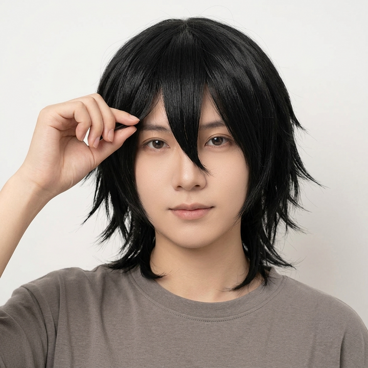 Halloween Cosplay Wig Red Anime Short Layered Synthetic with Blunt Bangs for Party and Costume