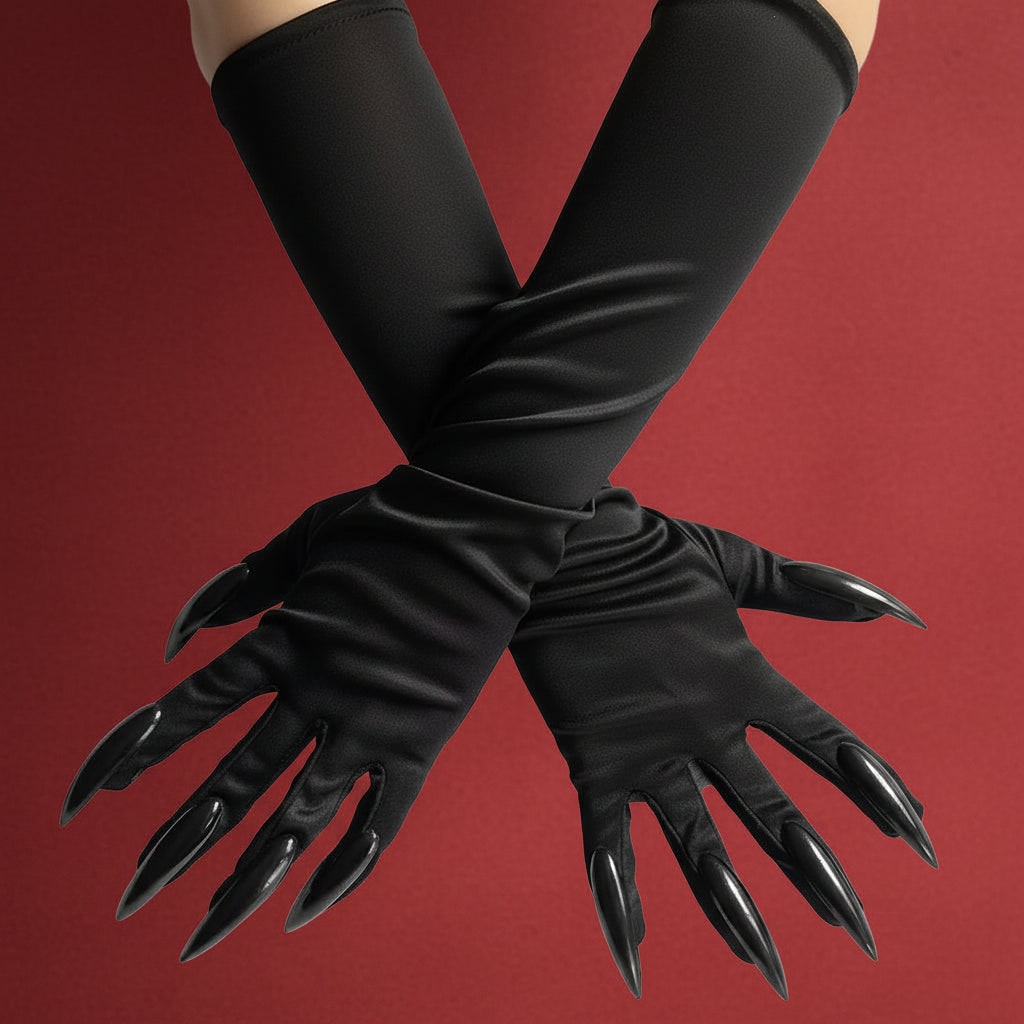 Halloween Costume Claw Gloves Elbow Length with Attached Black Talons for Witch Cosplay and Party