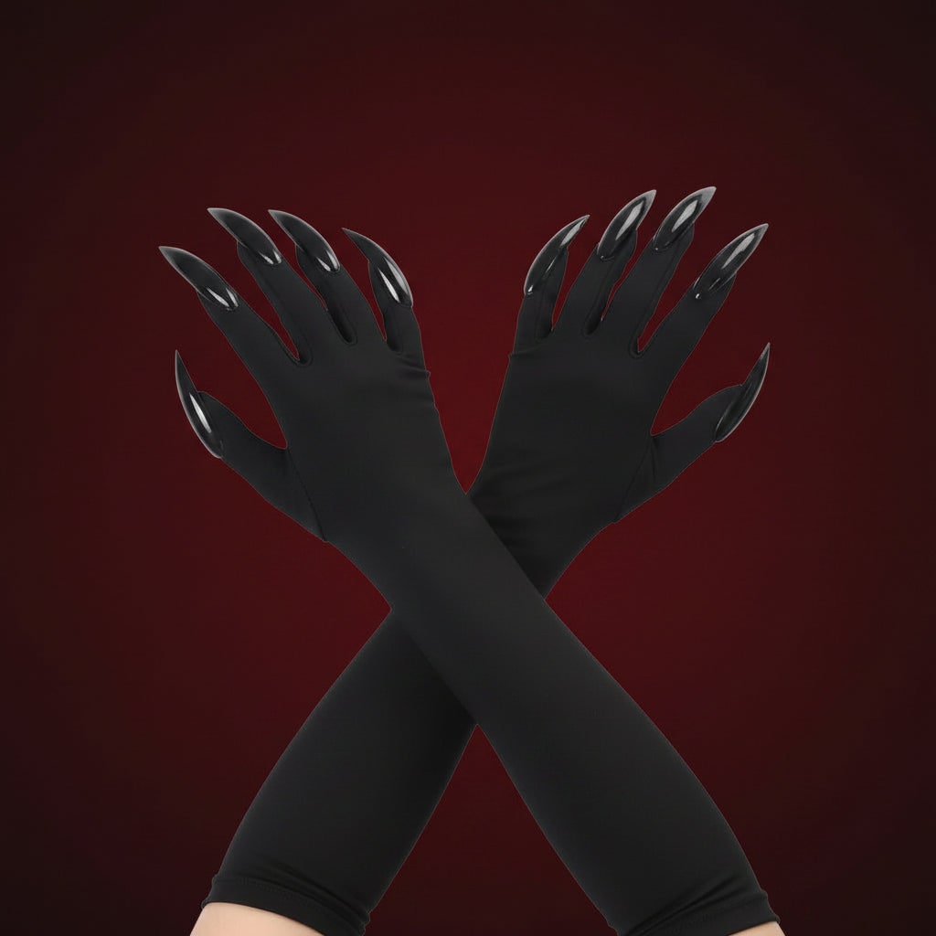 Halloween Costume Claw Gloves Elbow Length with Attached Black Talons for Witch Cosplay and Party