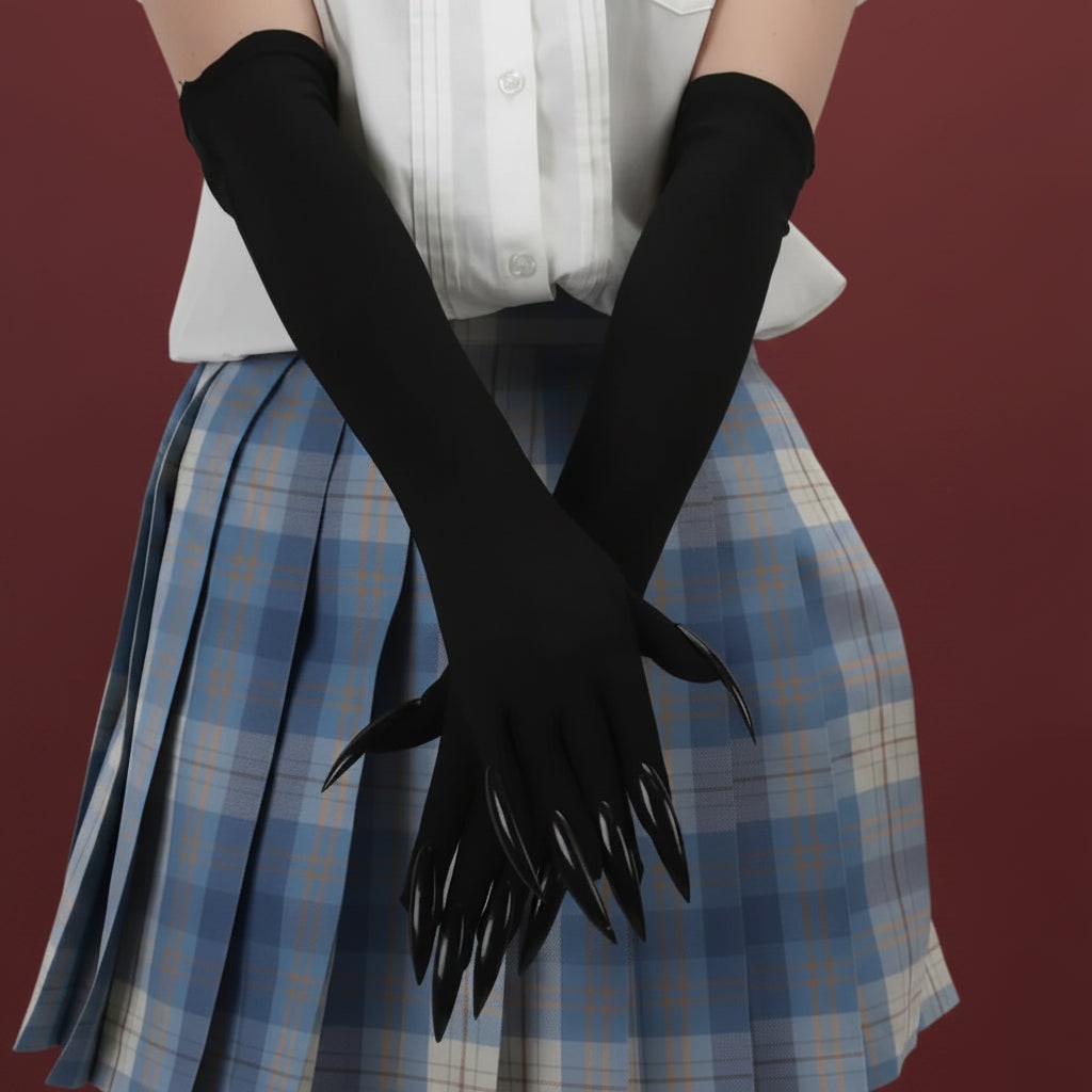 Halloween Costume Claw Gloves Elbow Length with Attached Black Talons for Witch Cosplay and Party