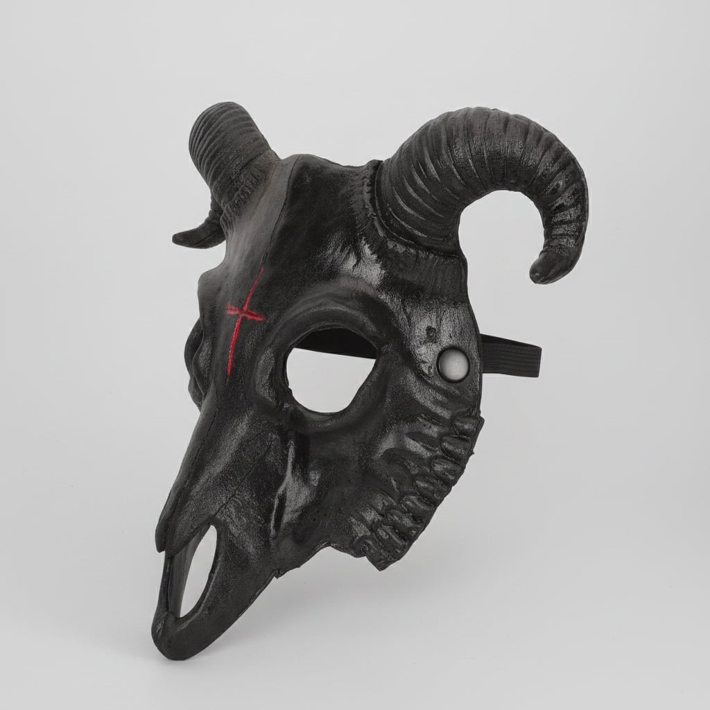 Halloween Costume Skull Mask Goat Design with Horns and Red Cross for Party and Haunted House