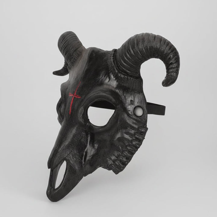 Halloween Costume Skull Mask Goat Design with Horns and Red Cross for Party and Haunted House