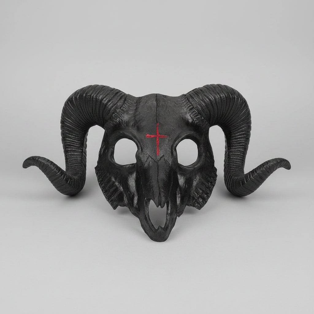 Halloween Costume Skull Mask Goat Design with Horns and Red Cross for Party and Haunted House