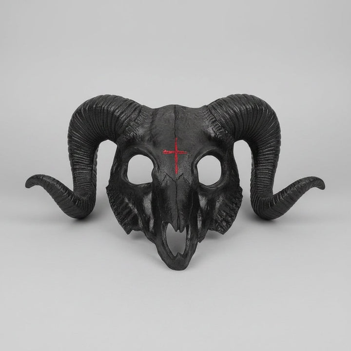Halloween Costume Skull Mask Goat Design with Horns and Red Cross for Party and Haunted House