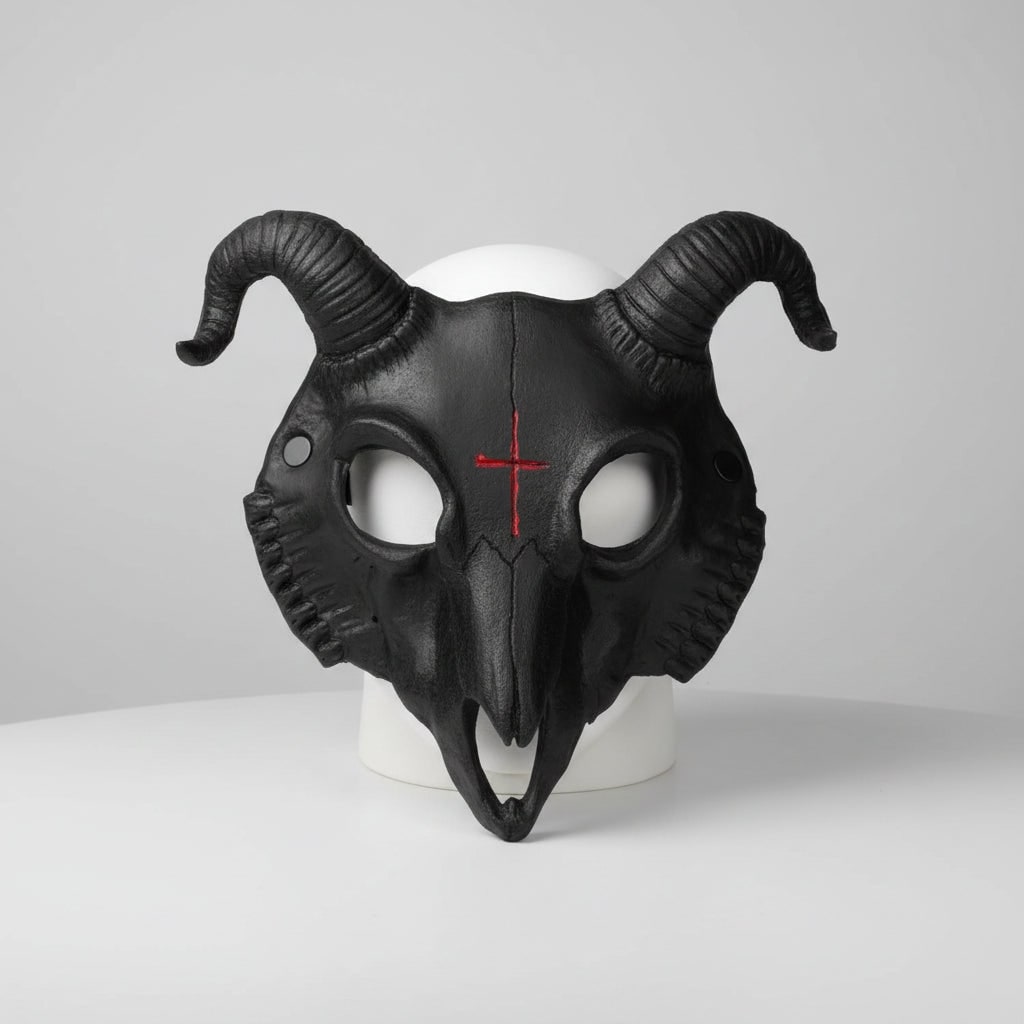Halloween Costume Skull Mask Goat Design with Horns and Red Cross for Party and Haunted House