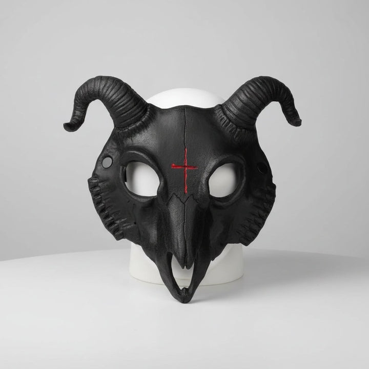 Halloween Costume Skull Mask Goat Design with Horns and Red Cross for Party and Haunted House