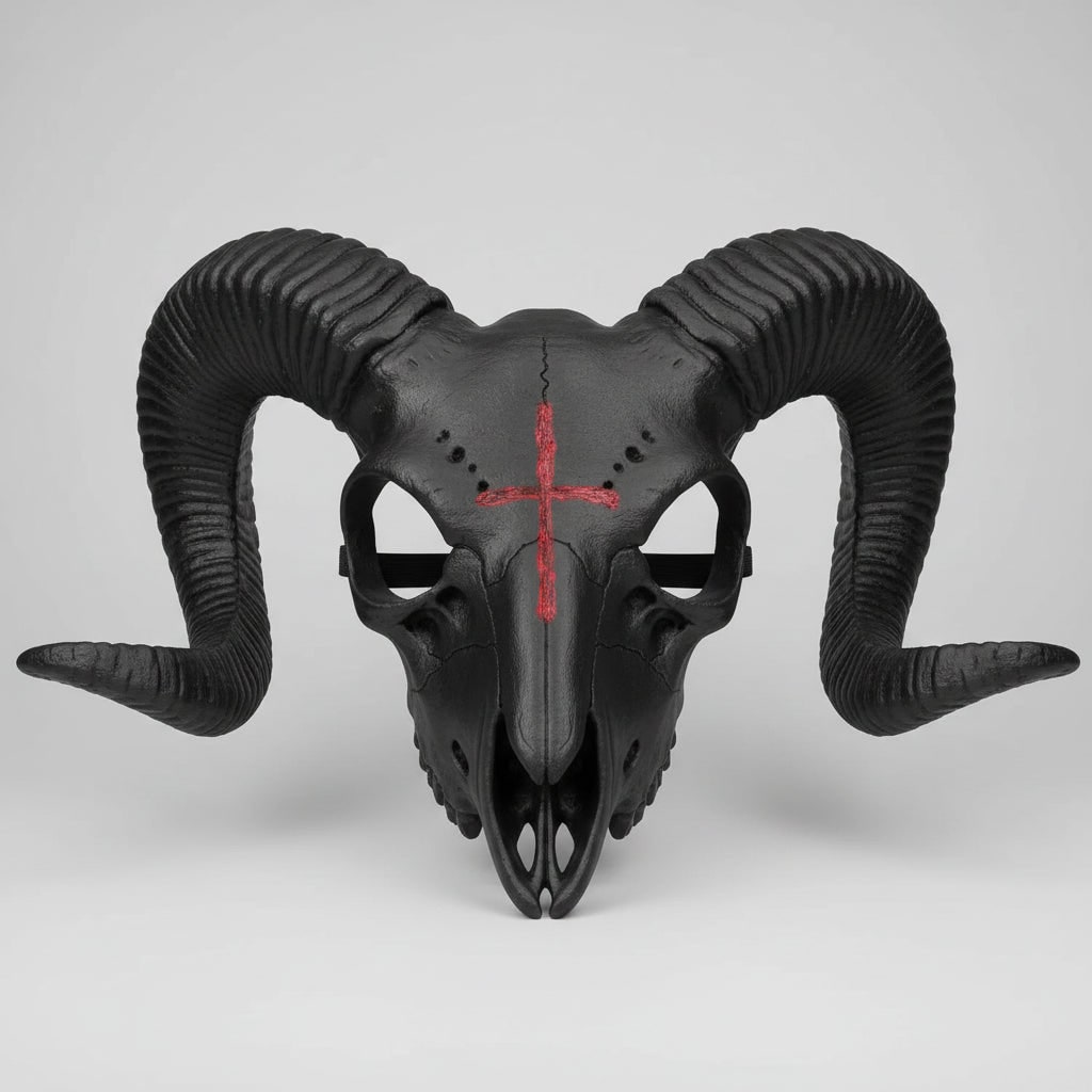 Halloween Costume Skull Mask Goat Design with Horns and Red Cross for Party and Haunted House