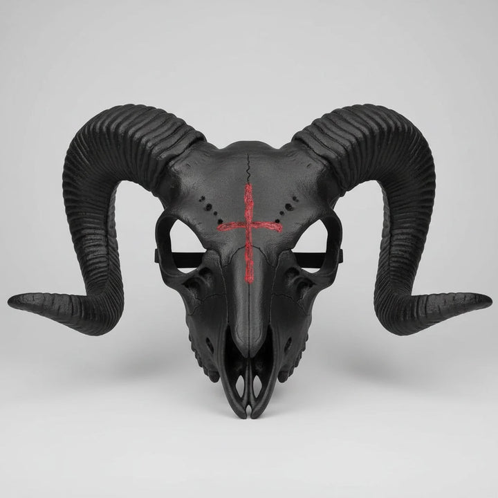 Halloween Costume Skull Mask Goat Design with Horns and Red Cross for Party and Haunted House