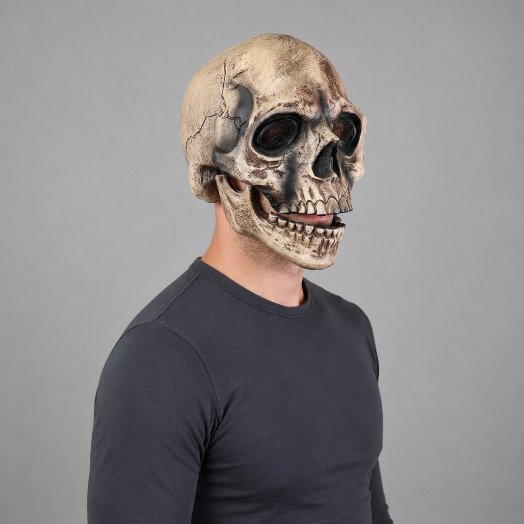 Halloween Costume Skull Mask with Hinged Moving Jaw and Creepy Realistic Bone Finish