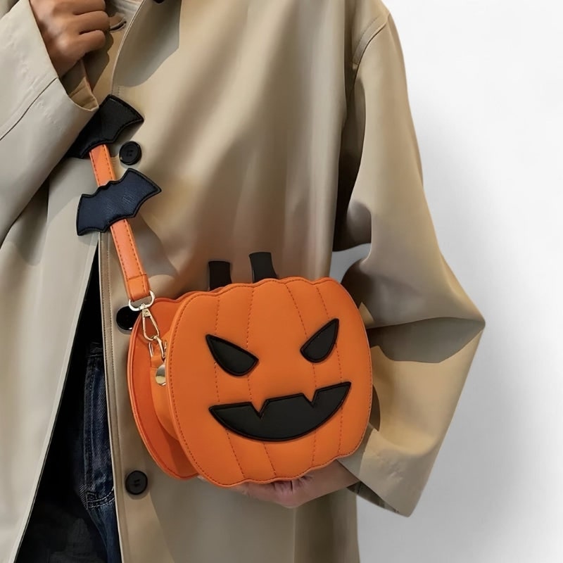 Halloween Crossbody Purse Pumpkin Shaped with Jack-O-Lantern Face and Adjustable Shoulder Strap