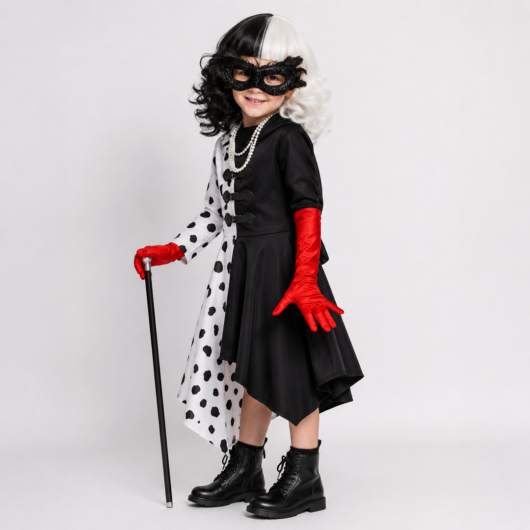Halloween Cruella Costume Dress with Spotted Cape Hood and Dalmatian Print for Party Cosplay