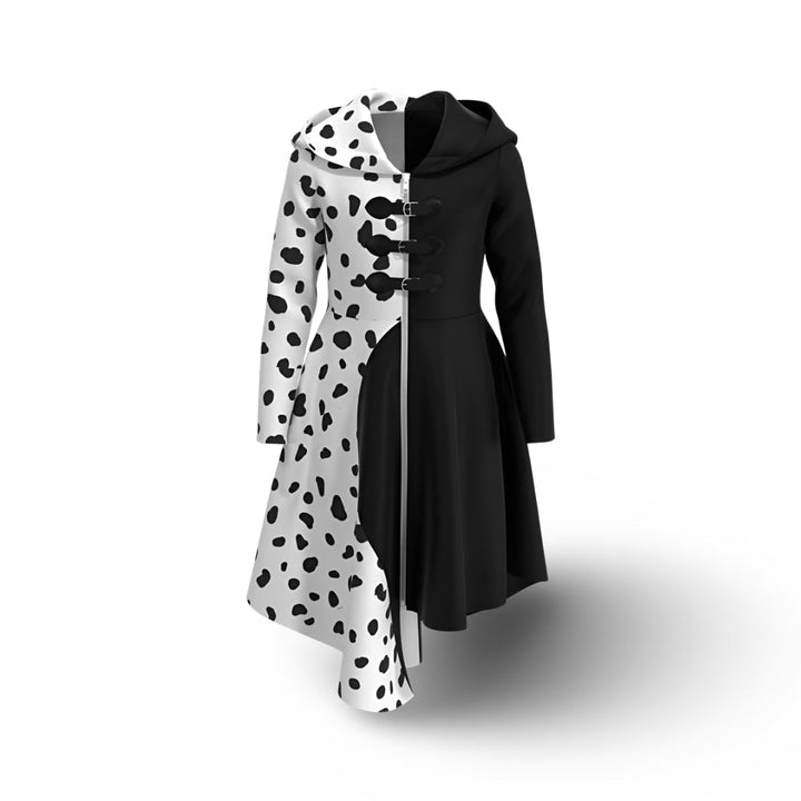 Halloween Cruella Costume Dress with Spotted Cape Hood and Dalmatian Print for Party Cosplay
