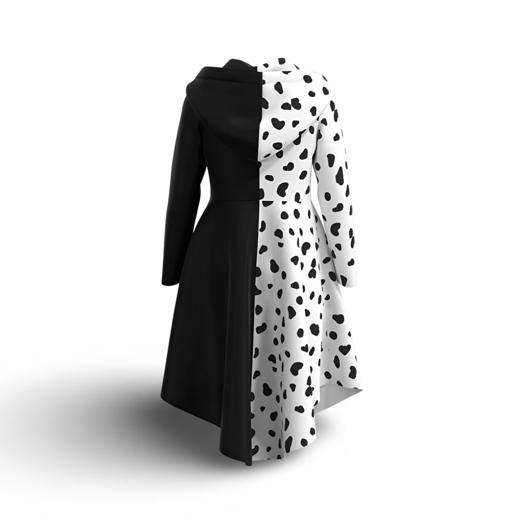 Halloween Cruella Costume Dress with Spotted Cape Hood and Dalmatian Print for Party Cosplay
