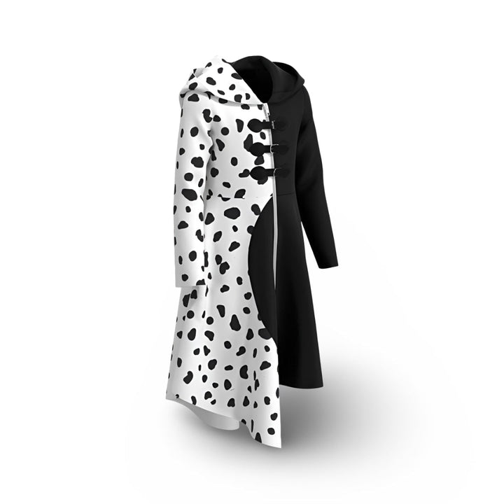 Halloween Cruella Costume Dress with Spotted Cape Hood and Dalmatian Print for Party Cosplay